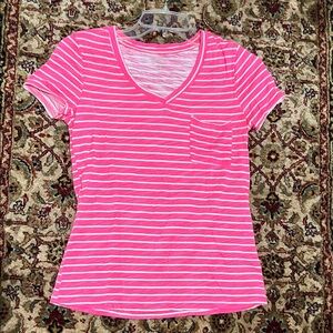 Women's Pink Stripe V-Neck Pocket Baby Tee Size Petite Small